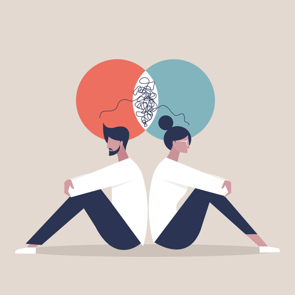 graphic illustration of couple struggling to communicate