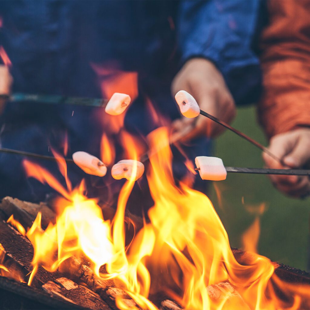 friends roasting marshmallows by bonfire