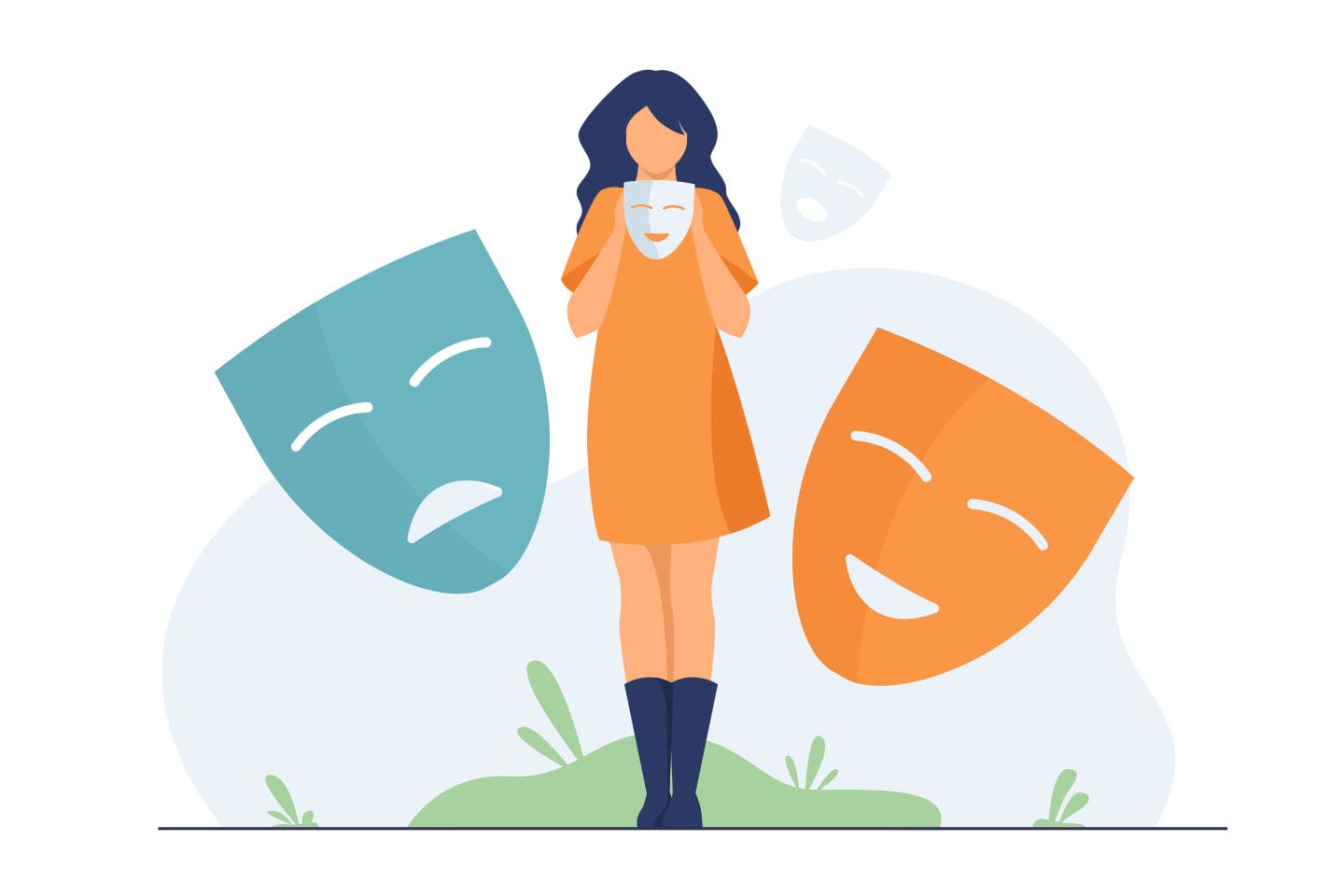 Illustration of girl with happy and sad drama masks next to her