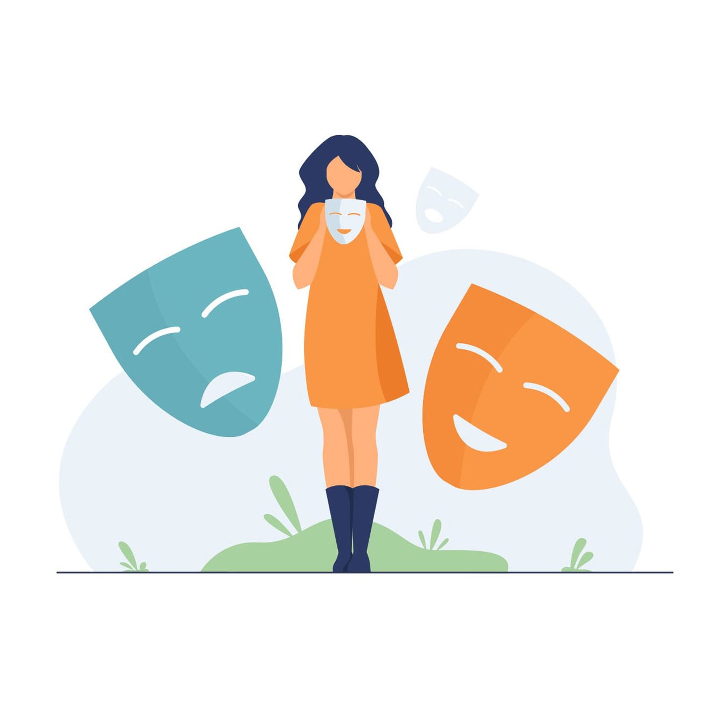 Illustration of girl with happy and sad drama masks next to her
