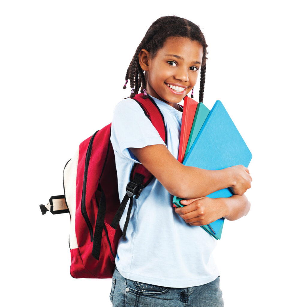student ready for school with backpack and folders in hand