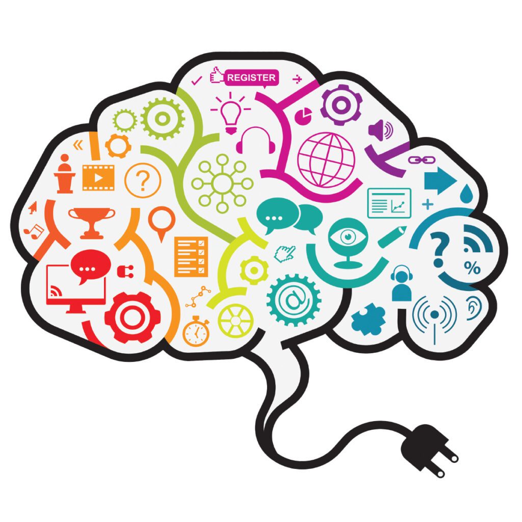 graphic illustration of brain with colorful icons within
