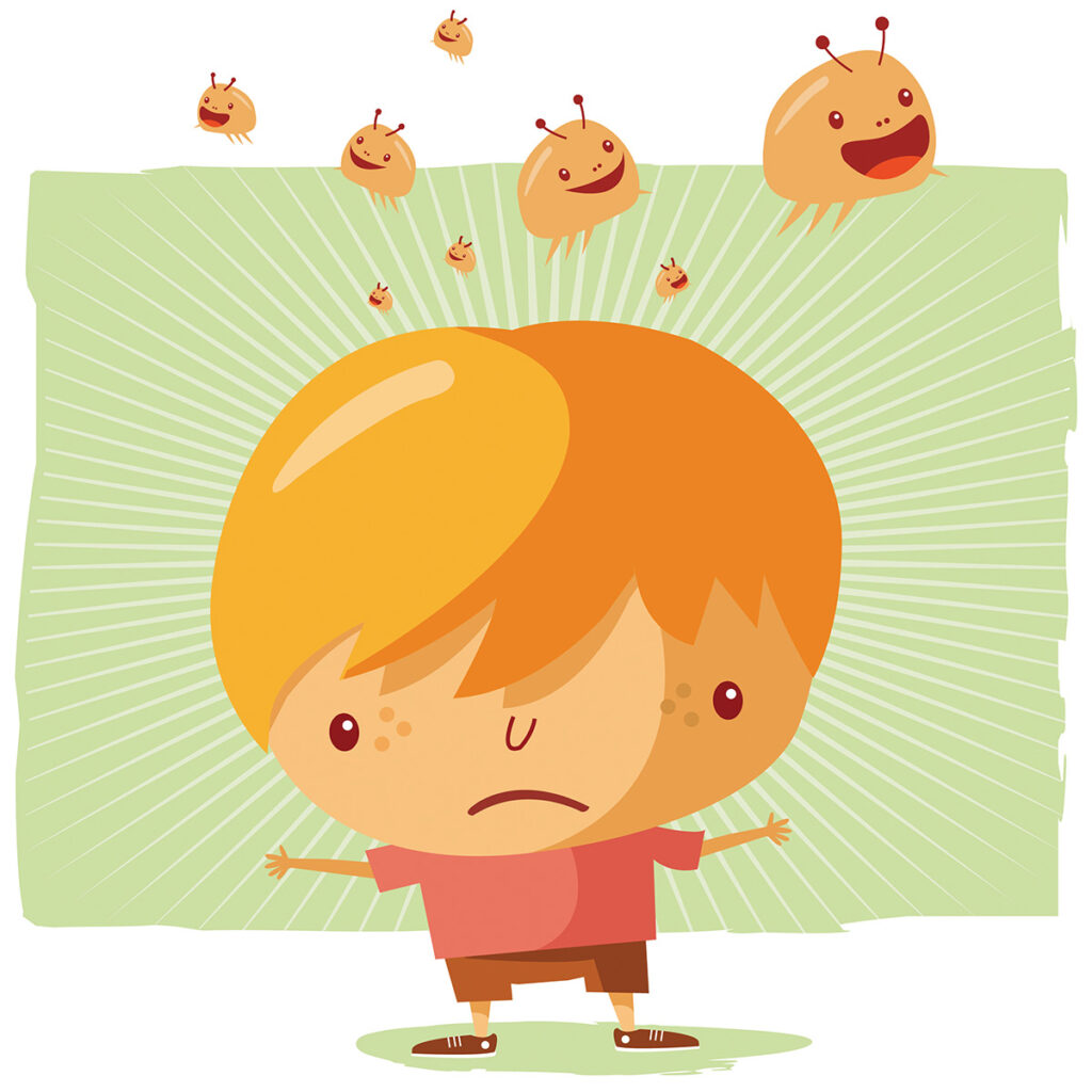 illustration of boy with lice hopping off his head