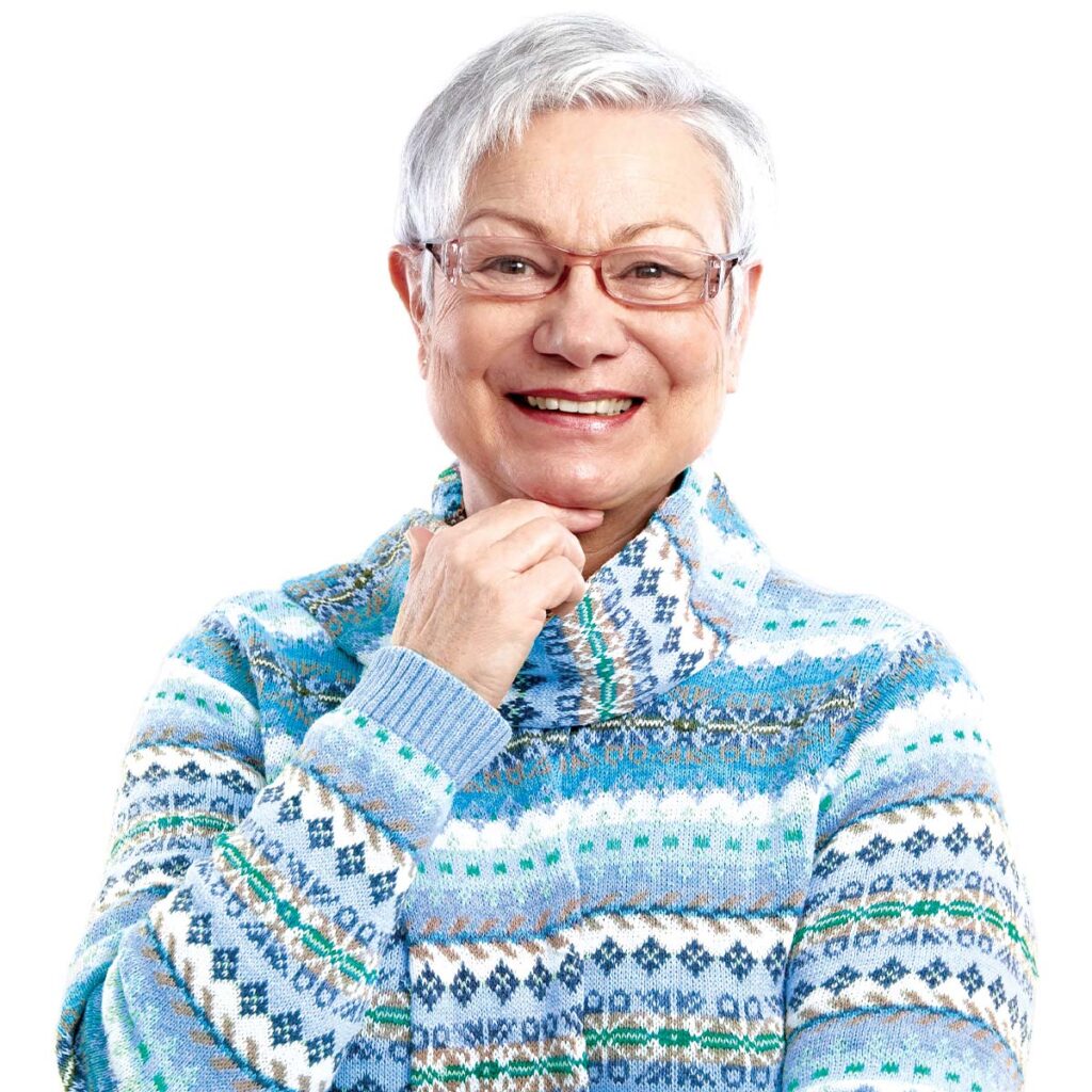 elderly woman wearing itchy scarf and sweater