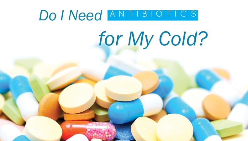 Graphic of text 'Do I Need Antibiotics For My Cold' above a picture of pills