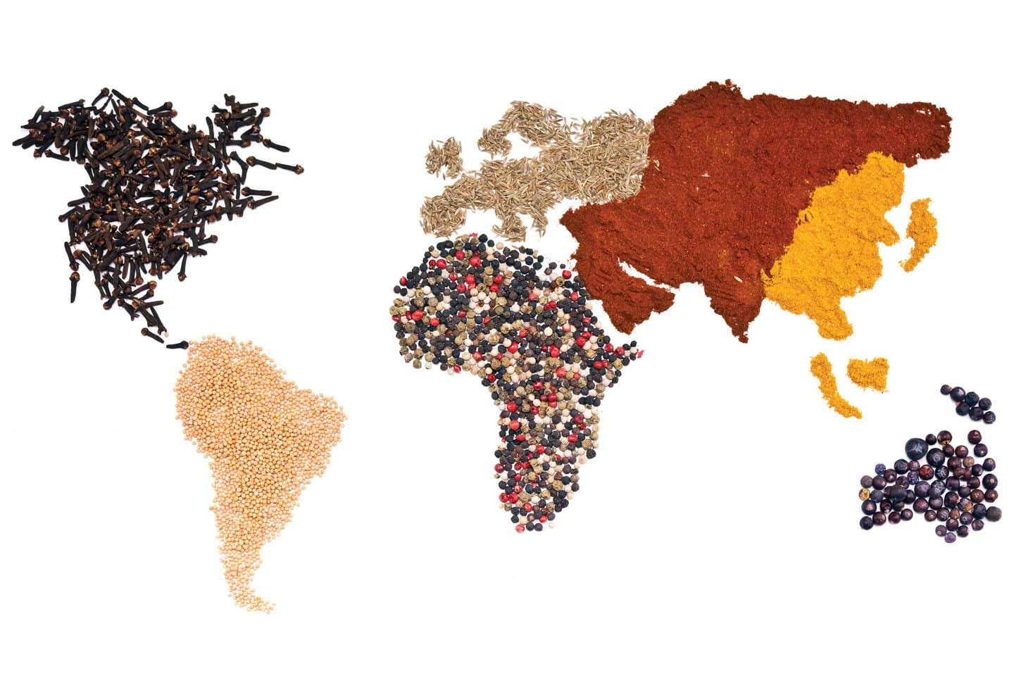 World map made with nuts, grains, berries, seeds, and spices