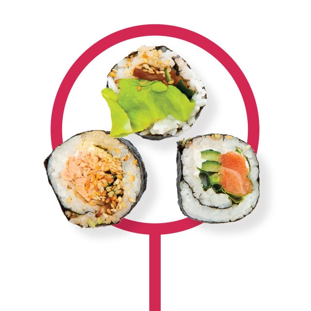 three sushi rolls in a red hoop chattanooga healthy eating