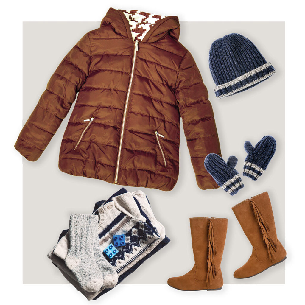 winter coat, beanie hat, gloves, and winter boots