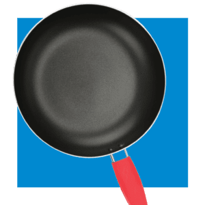 skillet on blue background with red handle chattanooga