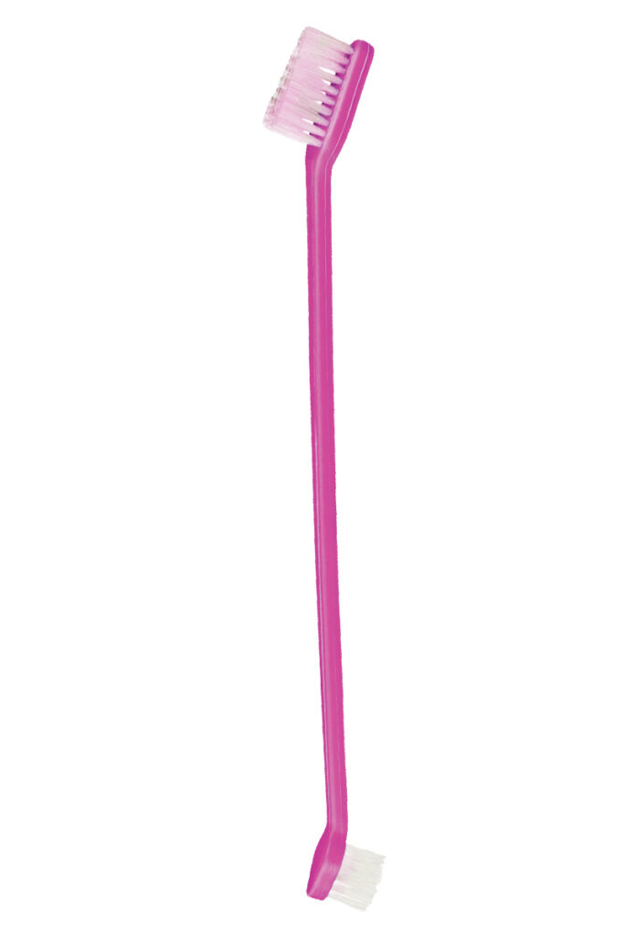 pink toothbrush with a smaller brush on bottom end and regular brush on top end