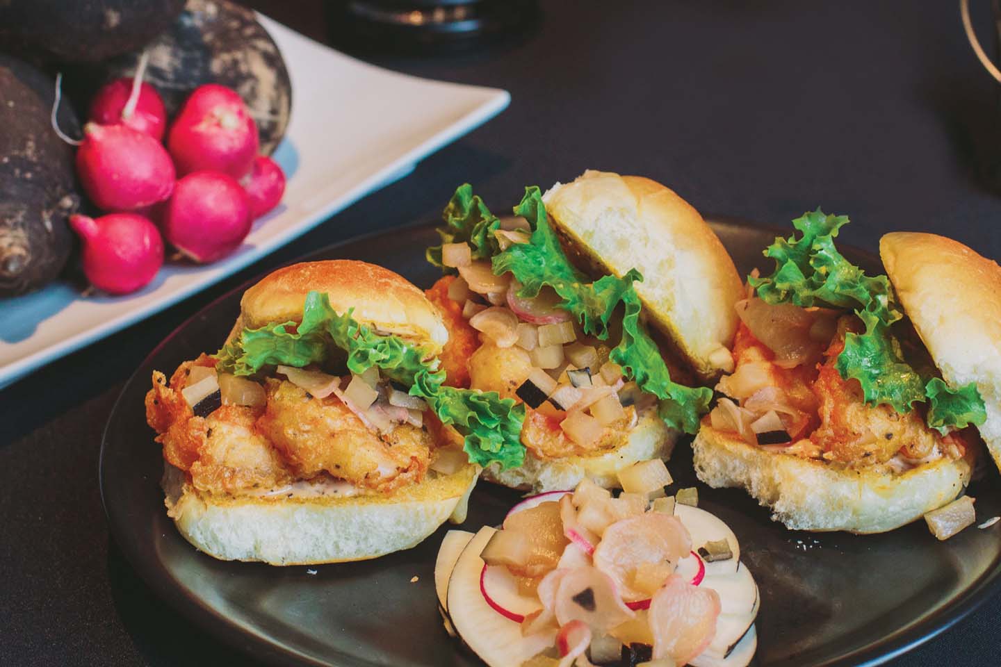 The Foundry’s Radish Conserve and shrimp Po' Boy sliders in chattanooga