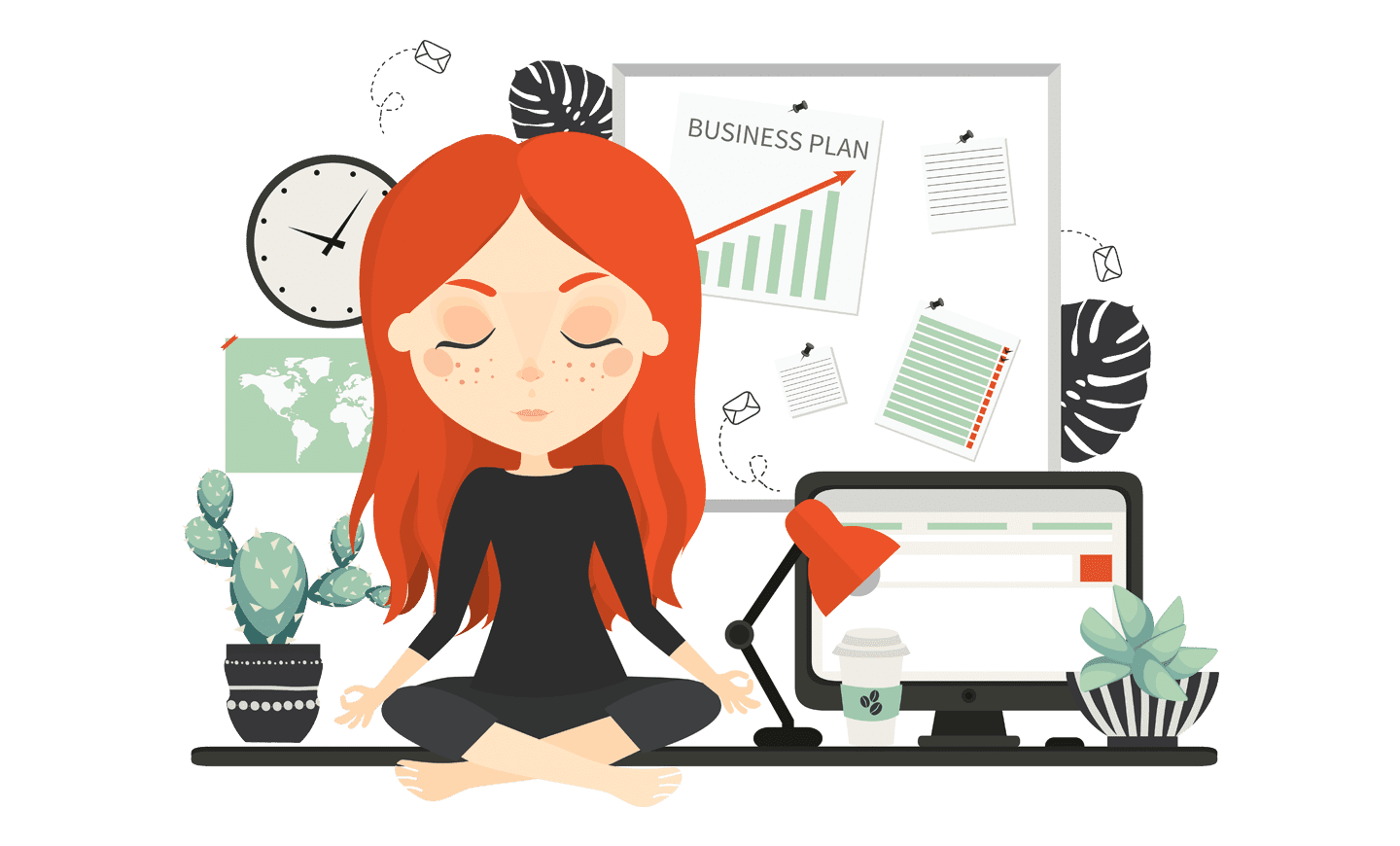 illustration of woman meditating by work desk computer and graphs chattanooga