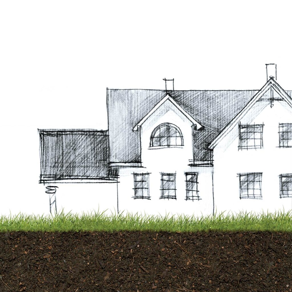drawing of house with grass and dirt underneath