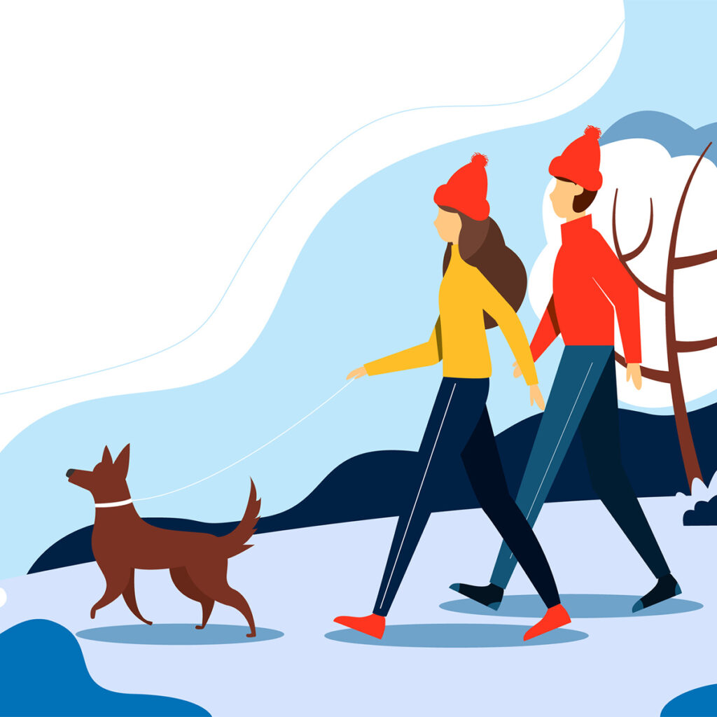 couple walking their dog in the winter illustration