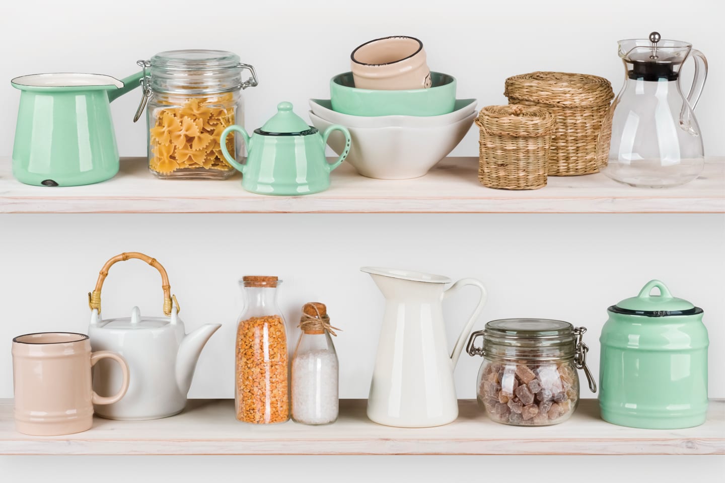 pantry shelves with jars of food and various ceramic dishes in chattanooga