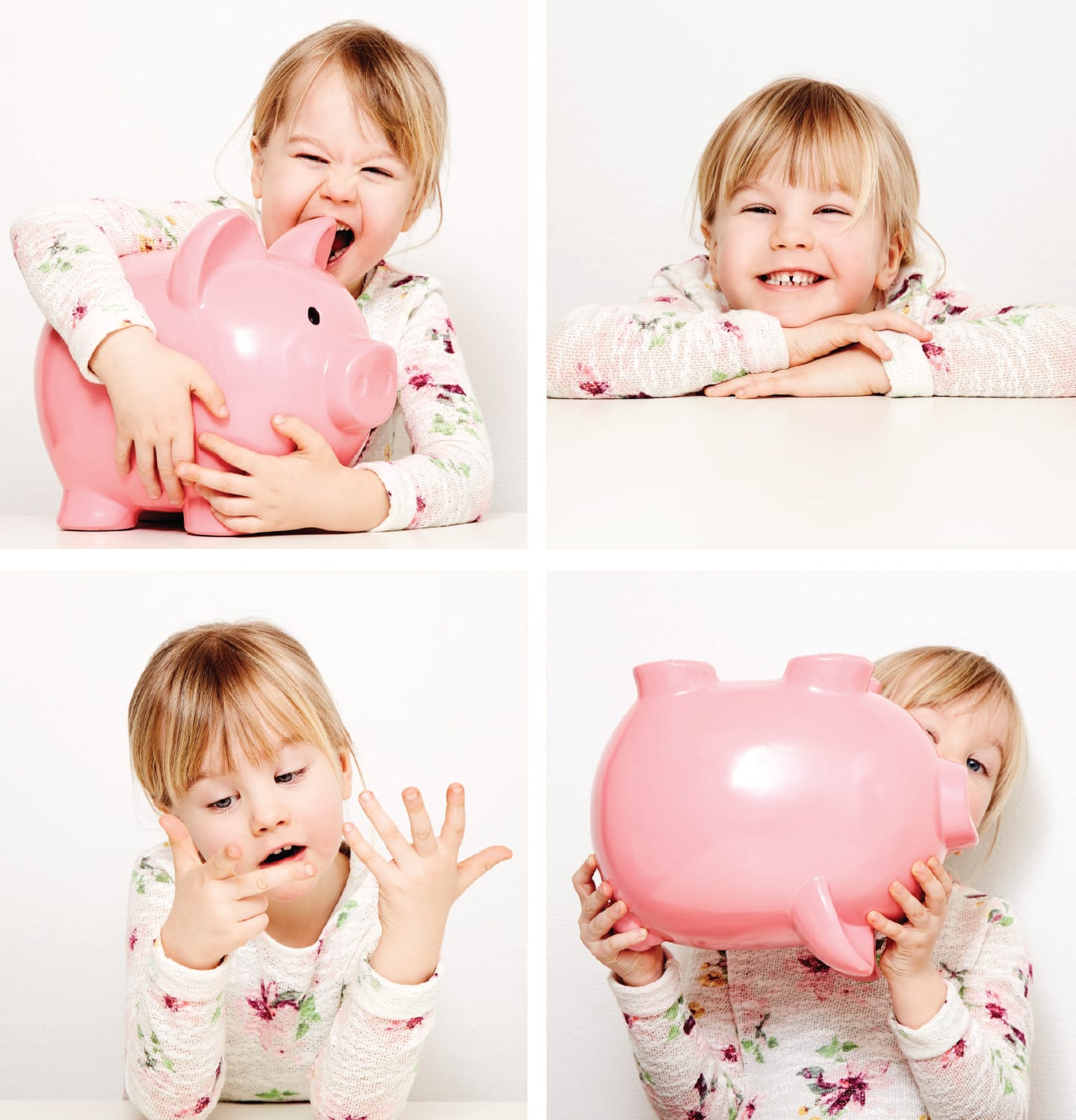 cute little blonde girl counting on her fingers and holding a piggy bank in chattanooga