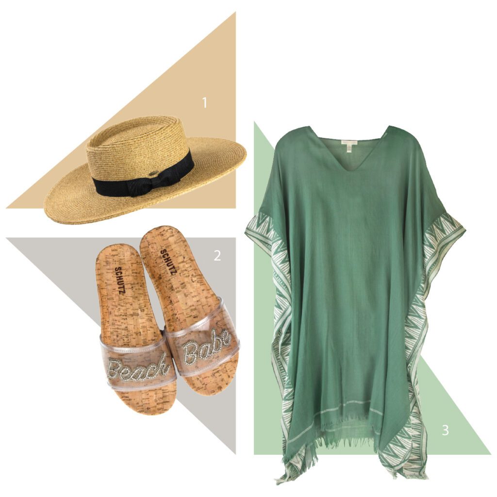 Wide brimmed hat, beach babe sandals, and green v-neck poncho cover up in chattanooga