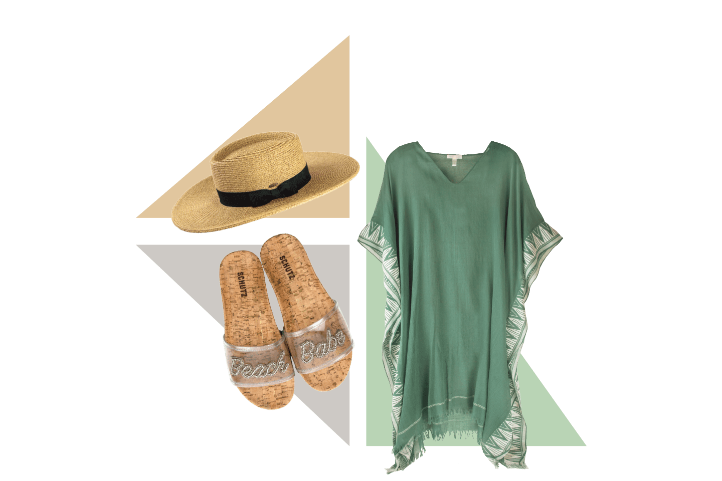 Wide brimmed hat, beach babe sandals, and green v-neck poncho cover up in chattanooga