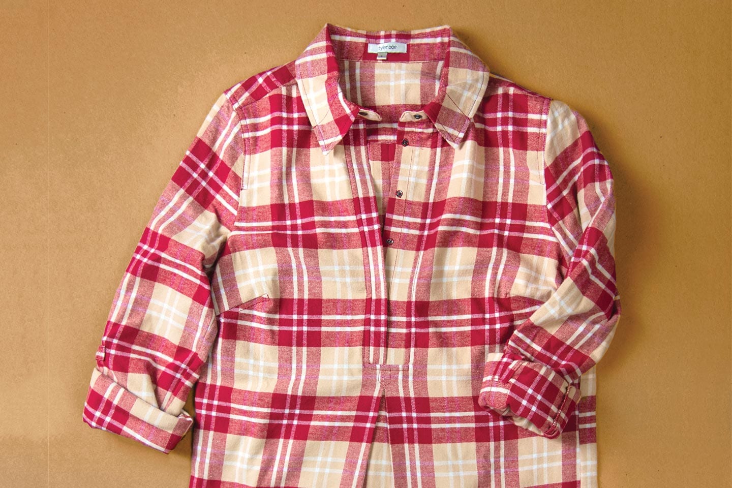 Red and tan plaid flannel button down for women in chattanooga
