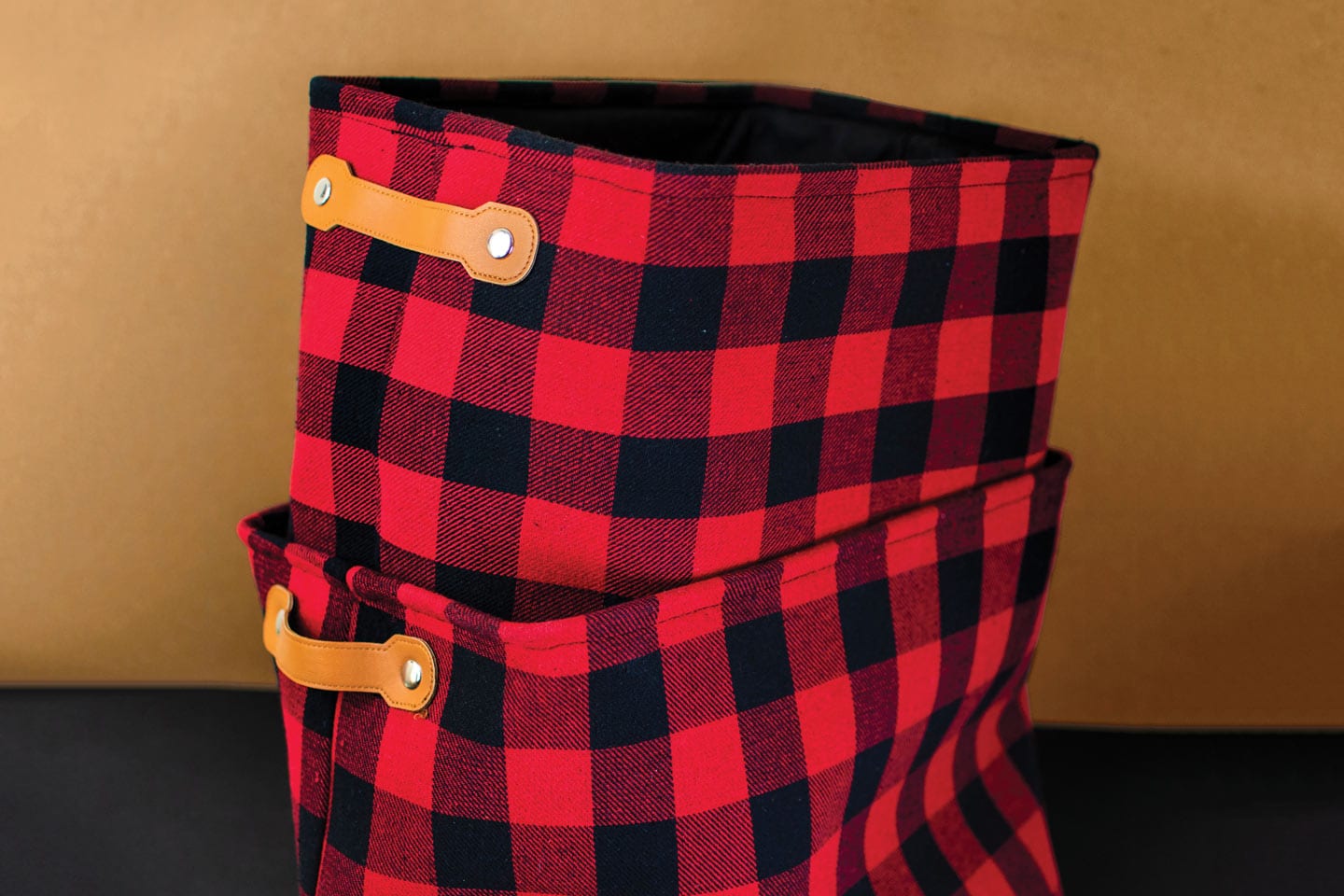 red and black plaid flannel storage bins from Genevieve Bond Gifts in chattanooga