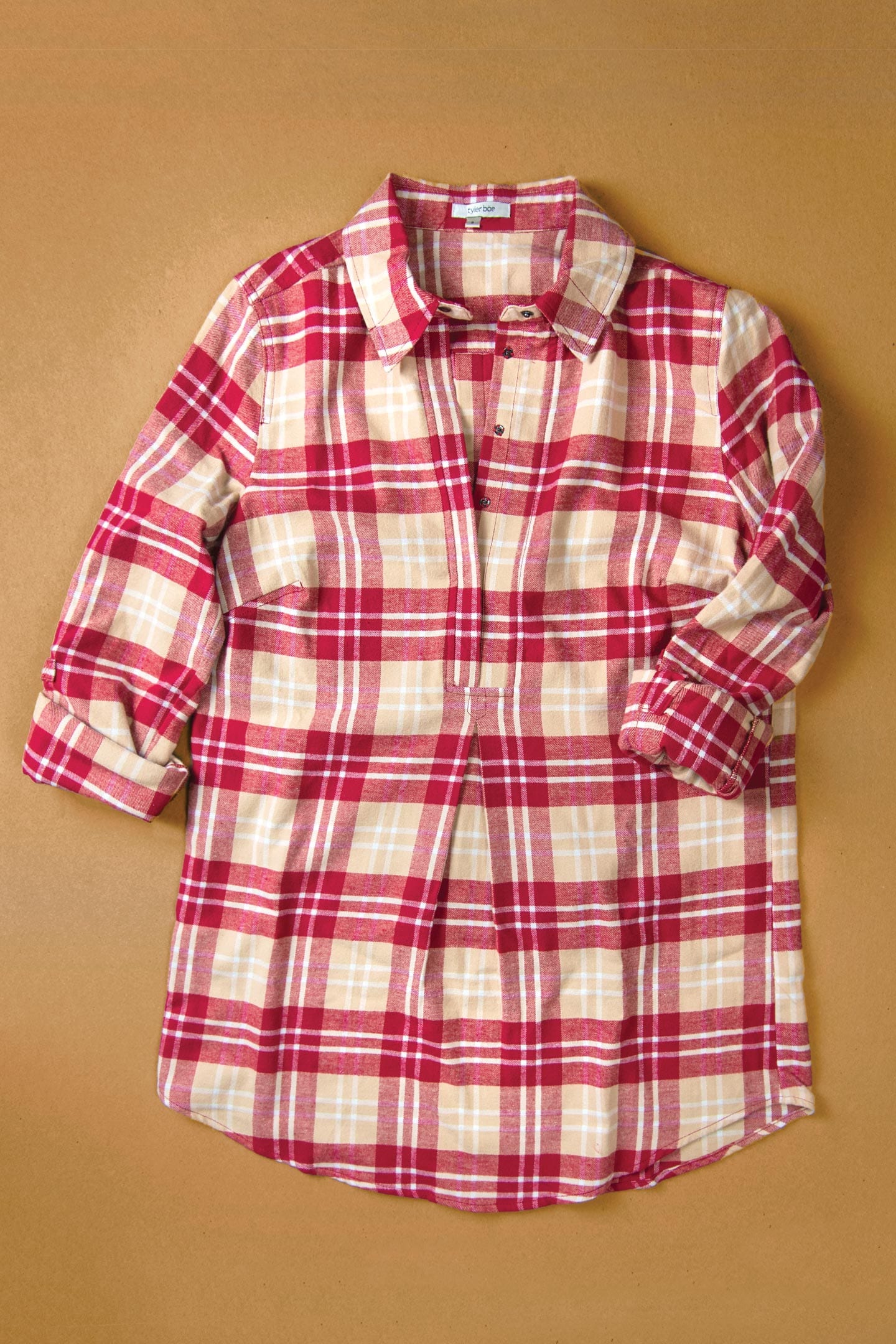 red and tan plaid flannel button down for women in chattanooga