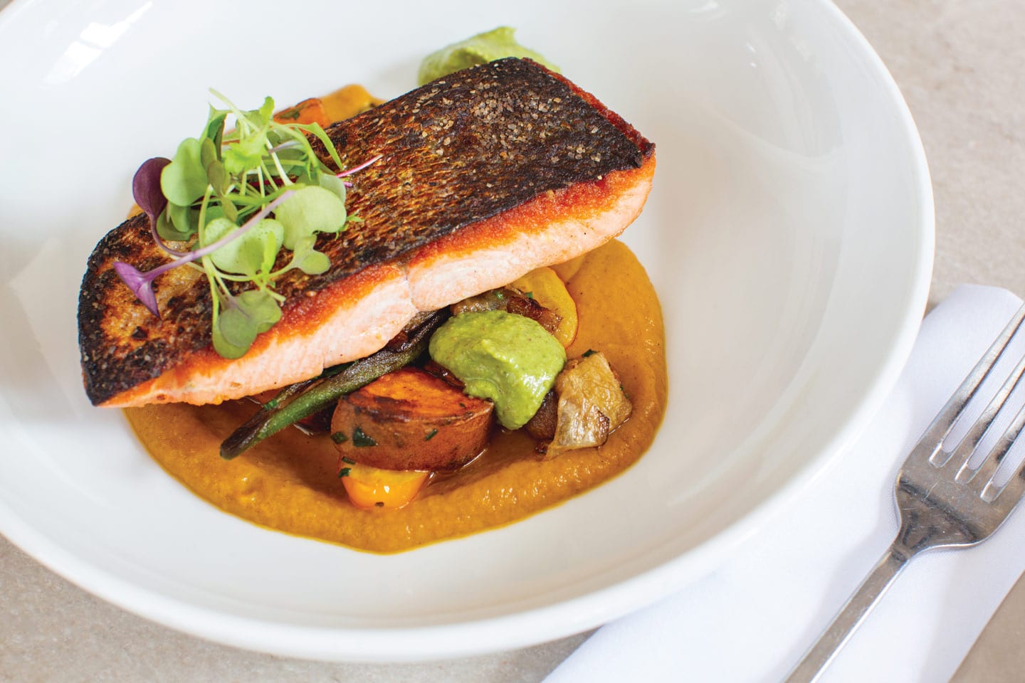 seared wild salmon with sweet potato curry from St. John's Restaurant in Chattanooga