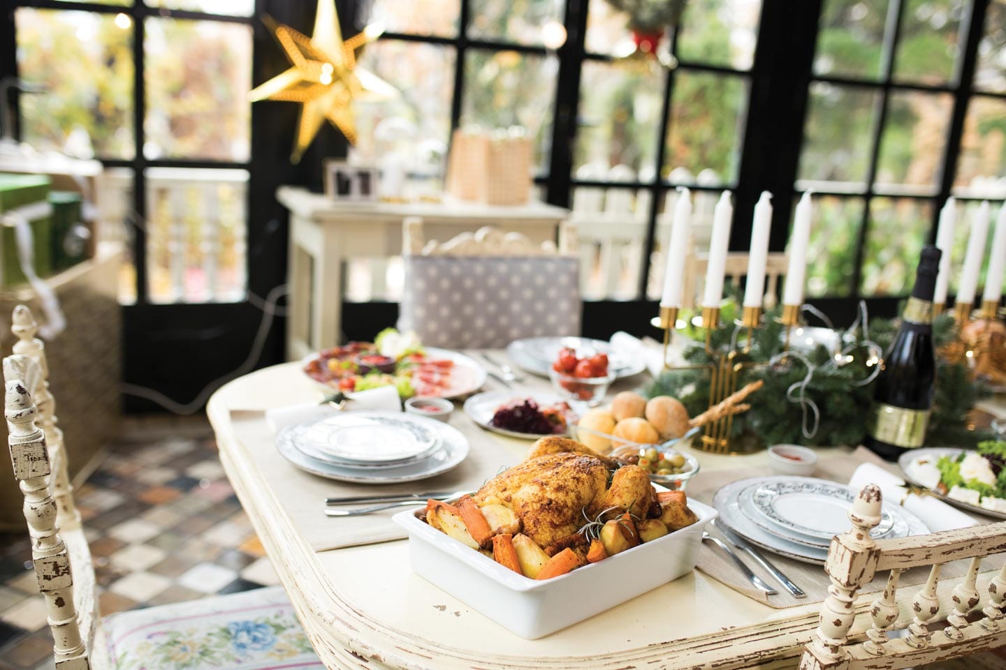 Elegant table with cooked turkey in focus