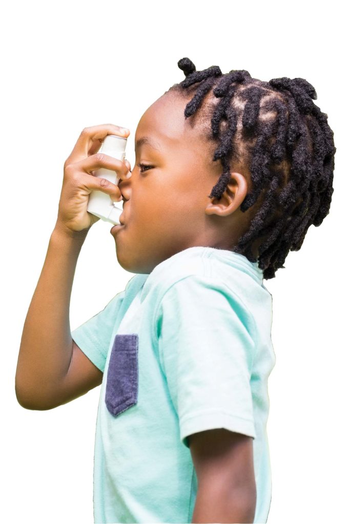 little boy in light blue t-shirt using inhaler for his asthma