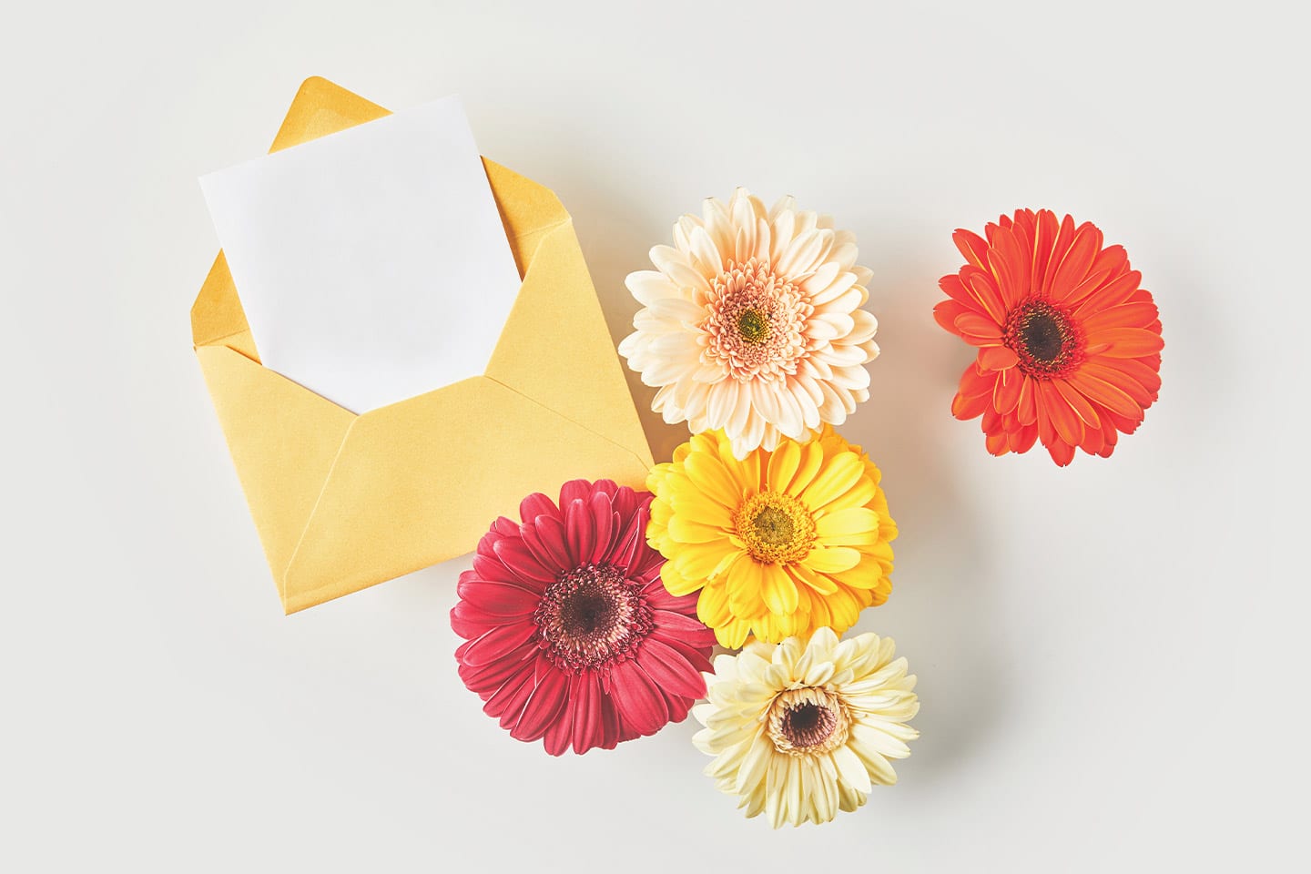 card in a yellow envelope with pink and yellow gerber daisies for mother's day gift guide chattanooga