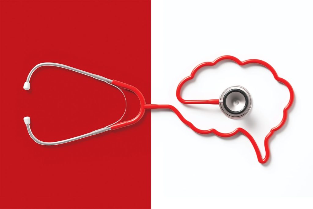 red stethoscope forming the shape of a brain