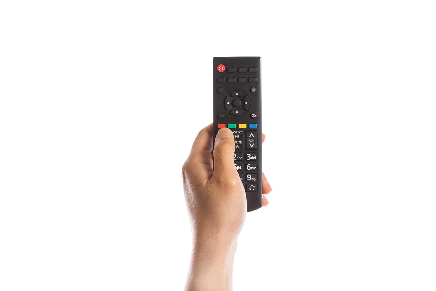 hand holding a TV remote turning up the volume
