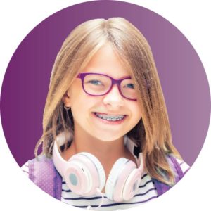 little girl with glasses and braces and headphones around her neck
