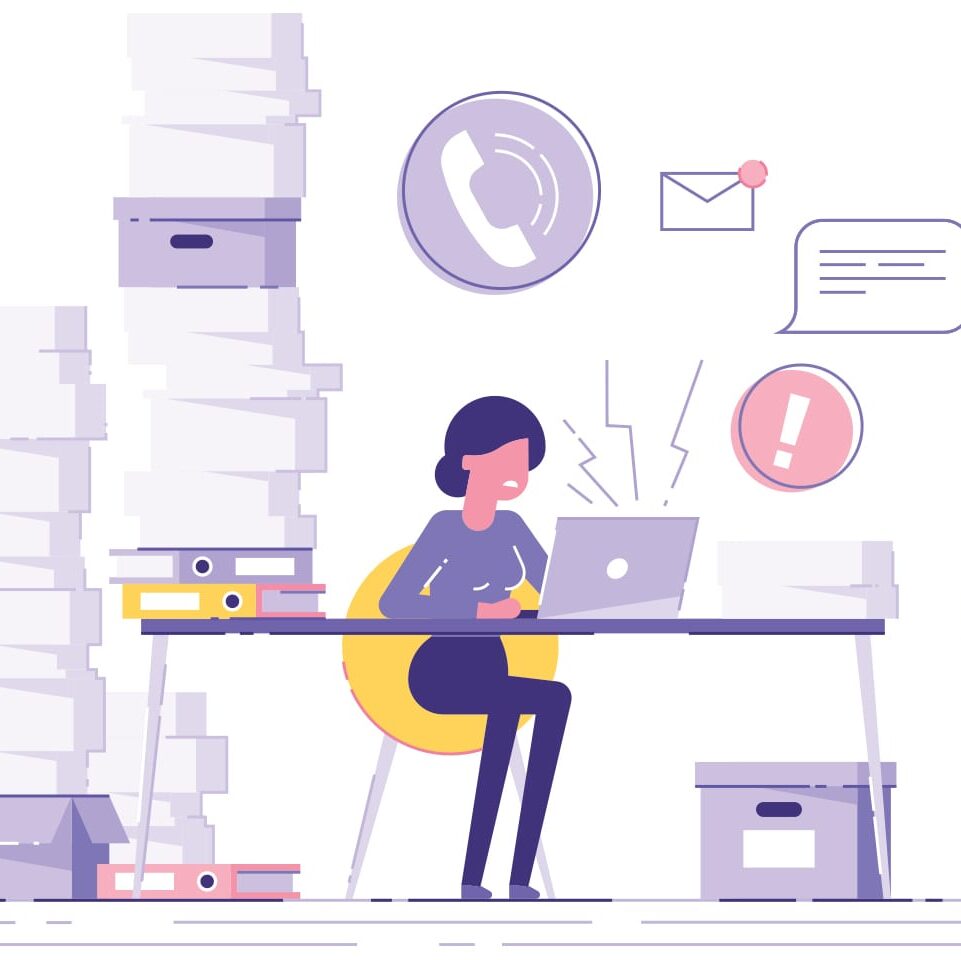 illustration of stressed busy woman at work