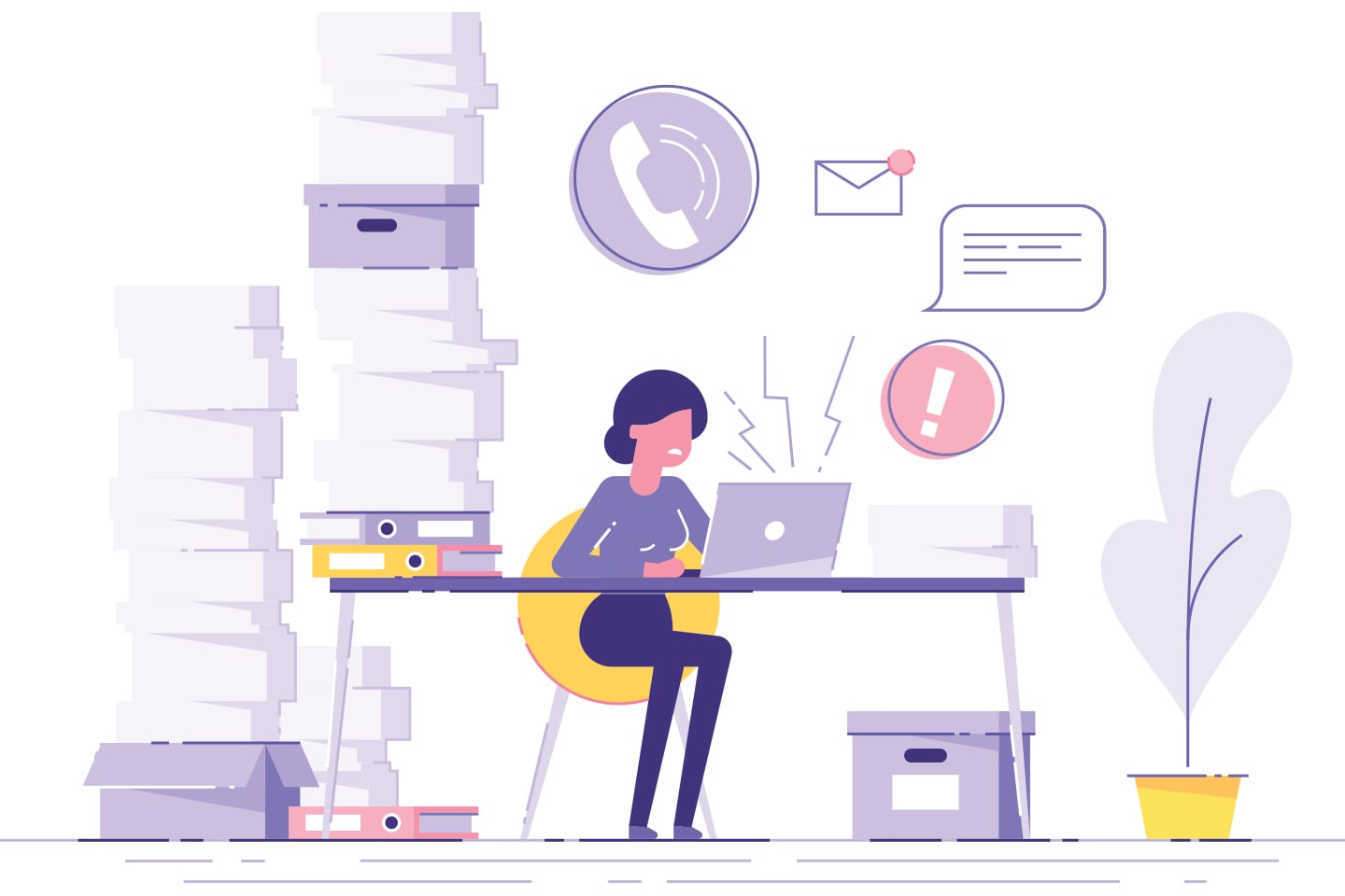 illustration of stressed busy woman at work