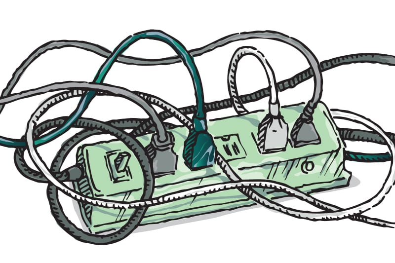 illustration of unorganized plugs on outlet