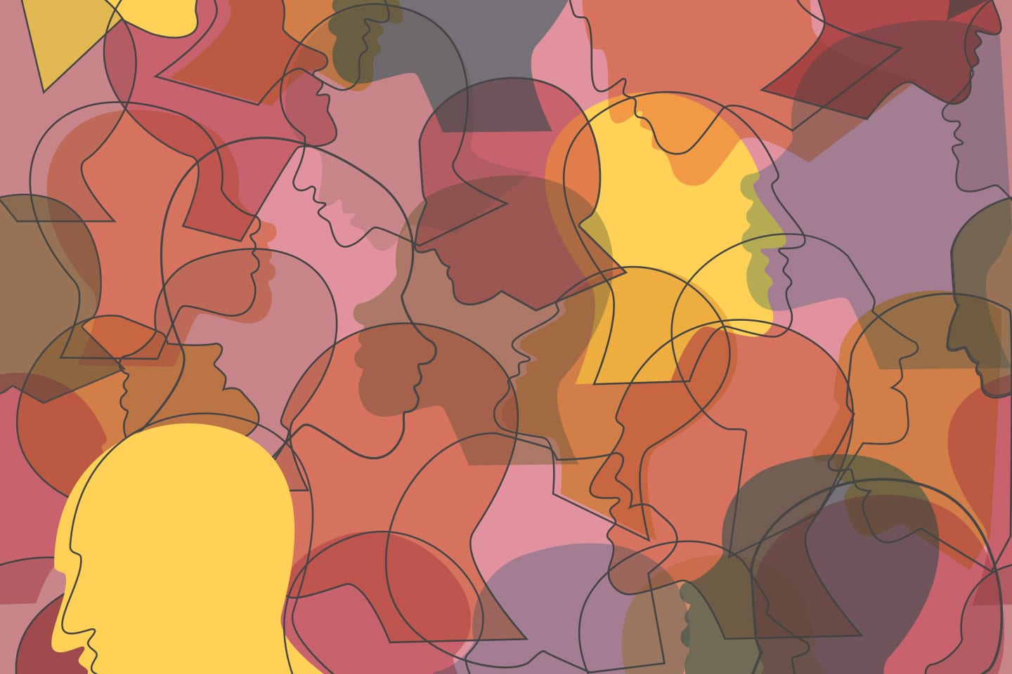 silhouettes of heads overlapping in different colors