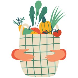 Illustration of someone holding a bag of healthy groceries