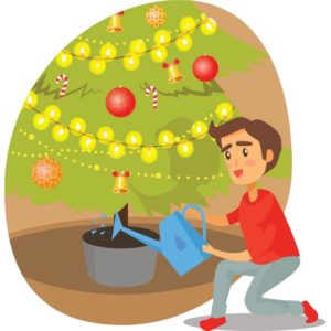 Illustration of little boy watering the Christmas tree