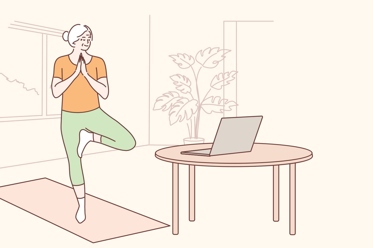 illustration of elderly woman taking a virtual yoga class at home