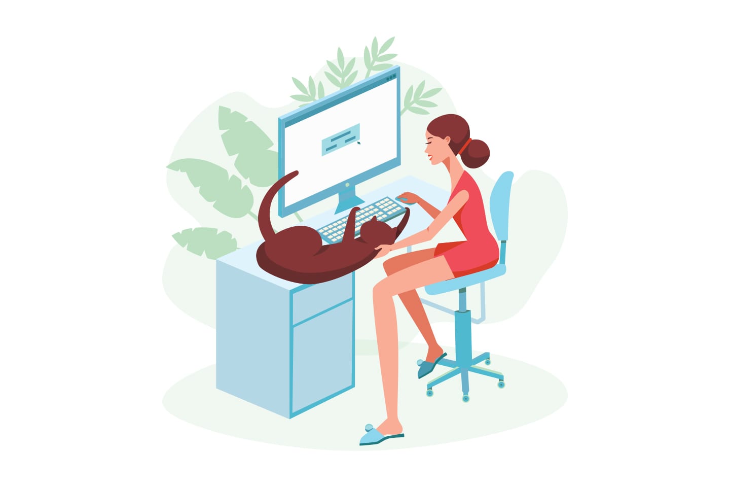 illustration of woman sitting in her home office with her cat