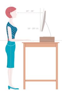 Illustration of woman standing at her desk demonstrating proper ergonomics