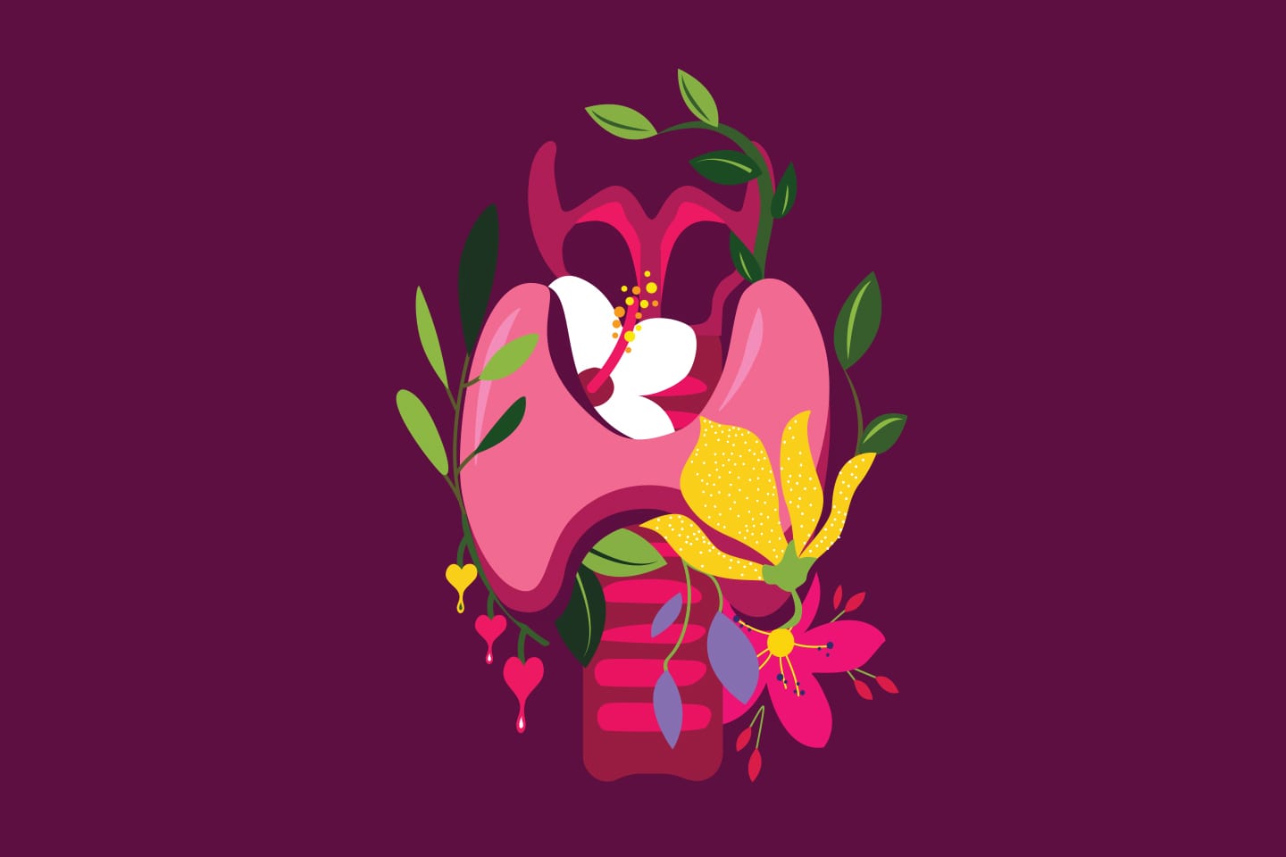 Illustration of a thyroid surrounded by flowers and plants