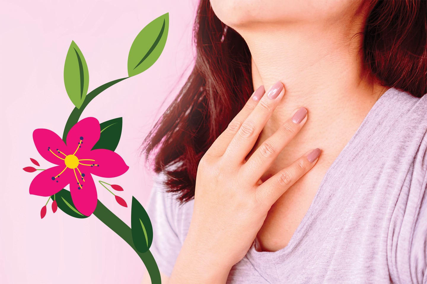 woman with her hand to her throat where the thyroid is located