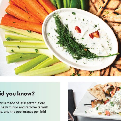 Acropolis Grill's Tzatziki sauce with pita, veggies, and meat; Did you know? A cucumber is made of 95% water. It can also defog a hazy mirror and remove tarnish from metals, and the peel erases pen ink!