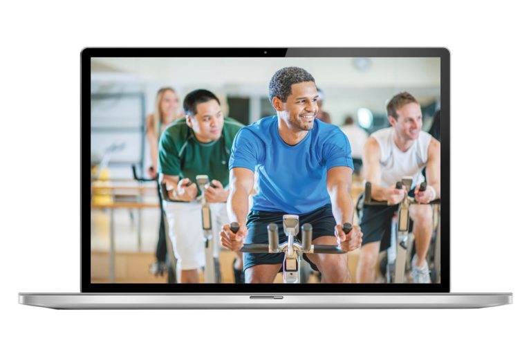 Virtual Spin Class being streamed on a laptop