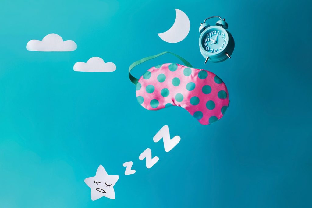 sleep mask, star snoring, moon, and alarm clock illustration
