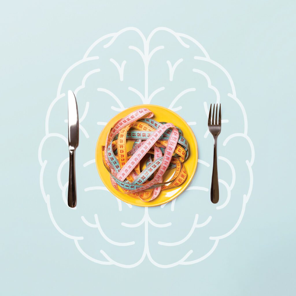 Plate of measuring tape on top of brain illustration