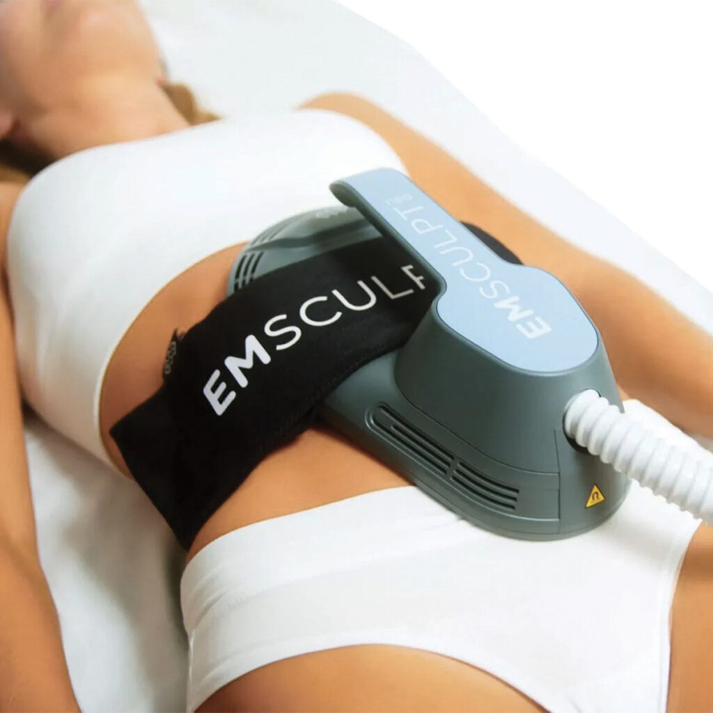 female patient getting a body contouring procedure with the emsculpt neo