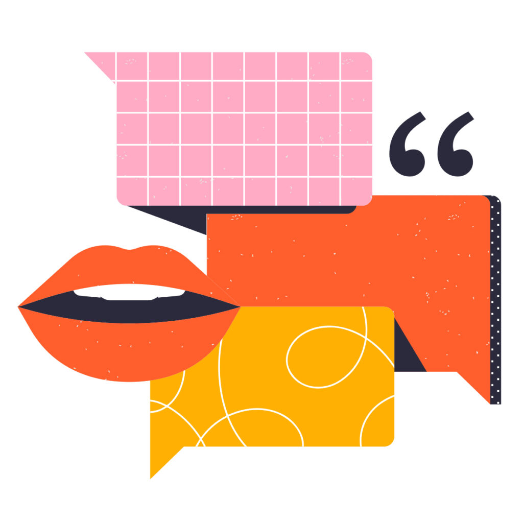 illustration of colorful dialogue bubbles, lips, and a quotation mark