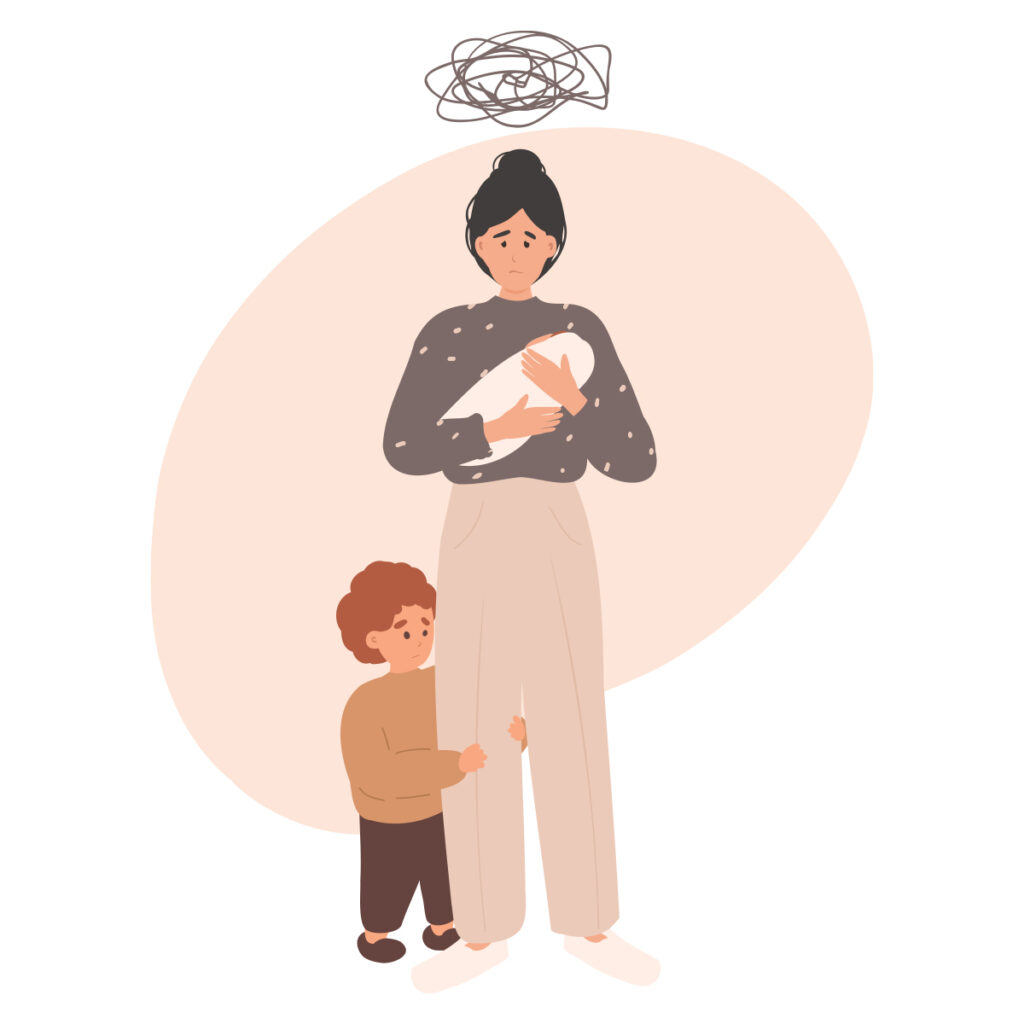 illustration of mother experiencing postpartum anxiety while holding a baby and having a child holding onto her
